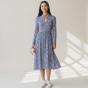 Lush Floral Cherry Blossom Mesh Sheer Blue Long Sleeve Dress w/ shorts Kawaii